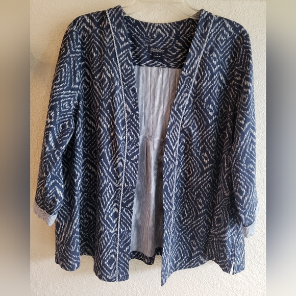 Lucky Brand Jackets & Blazers - Lucky Brand Blue Cotton Print 3/4 Sleeve Contrast Cuff Boho Open Jacket - Large